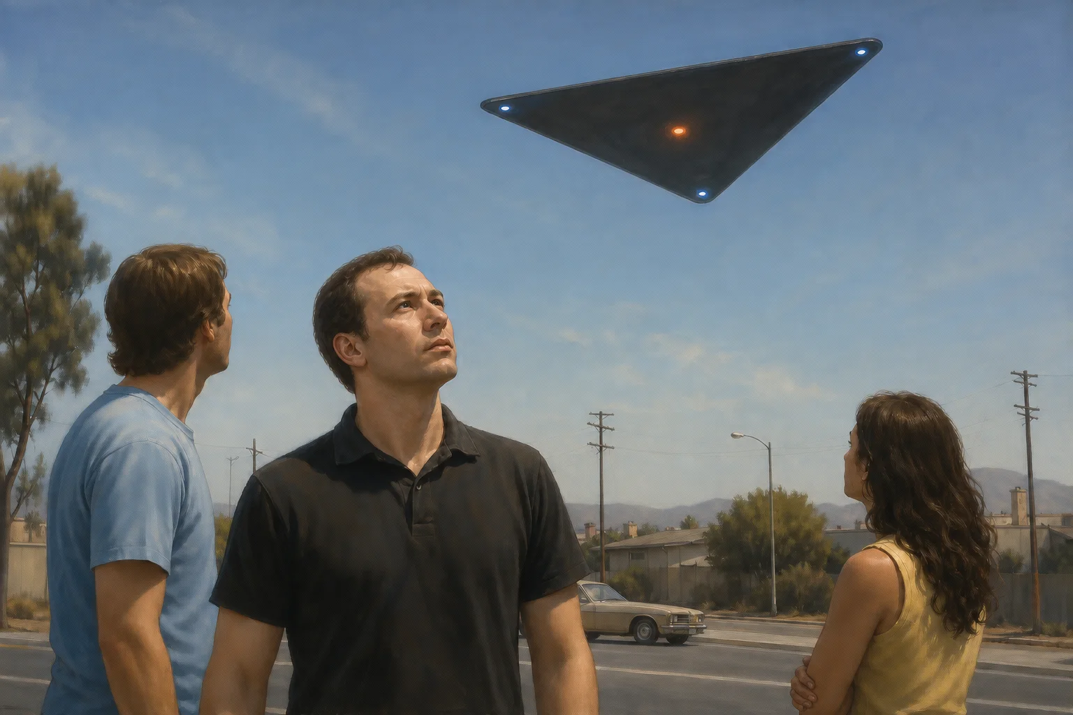 Editorial illustration of three people looking at a triangular craft in a clear daytime sky