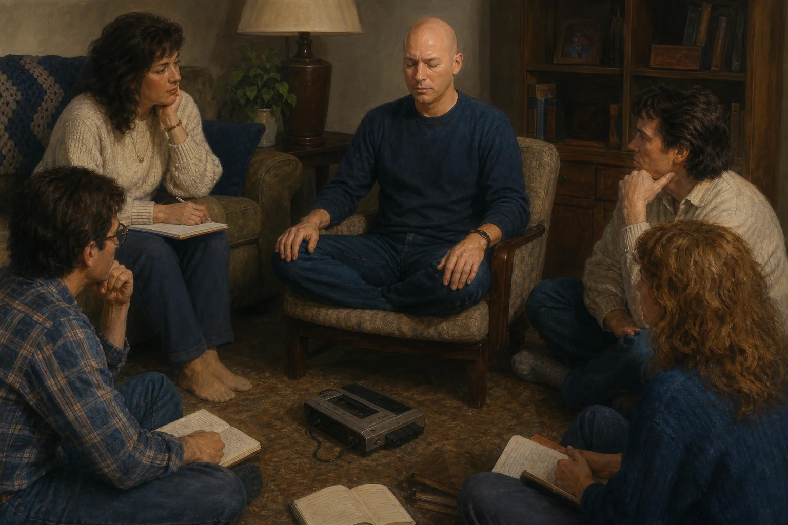 Editorial illustration of a small early-1980s channeling class gathered around a cassette recorder
