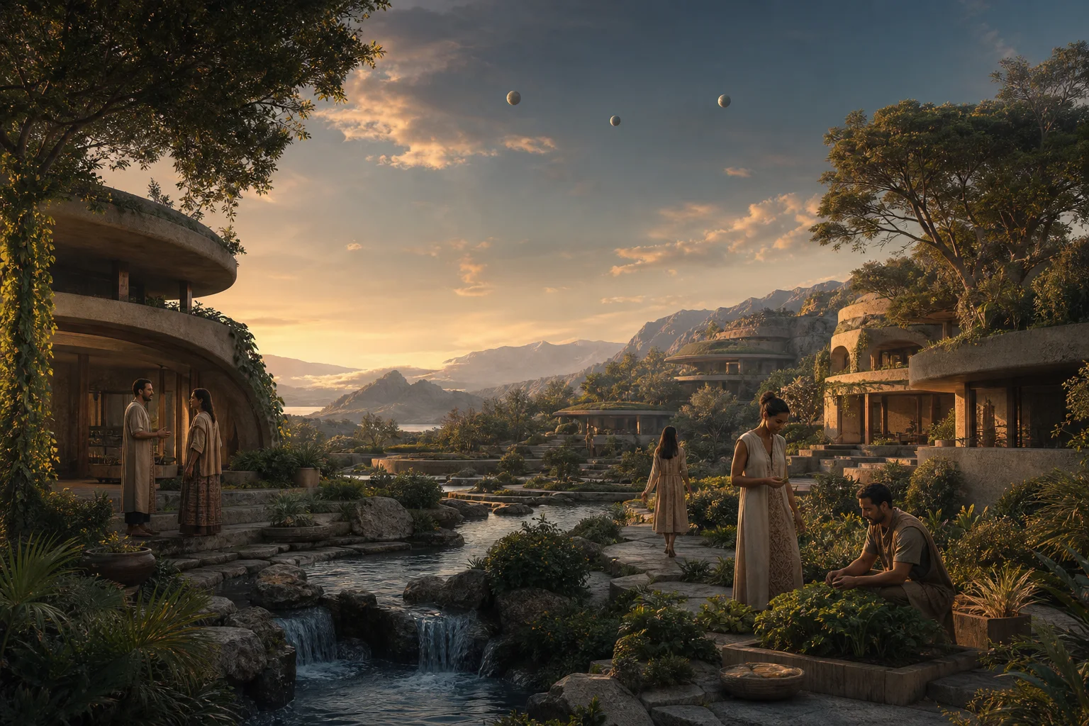 Imaginative editorial vision of an ecological future settlement beneath three spheres
