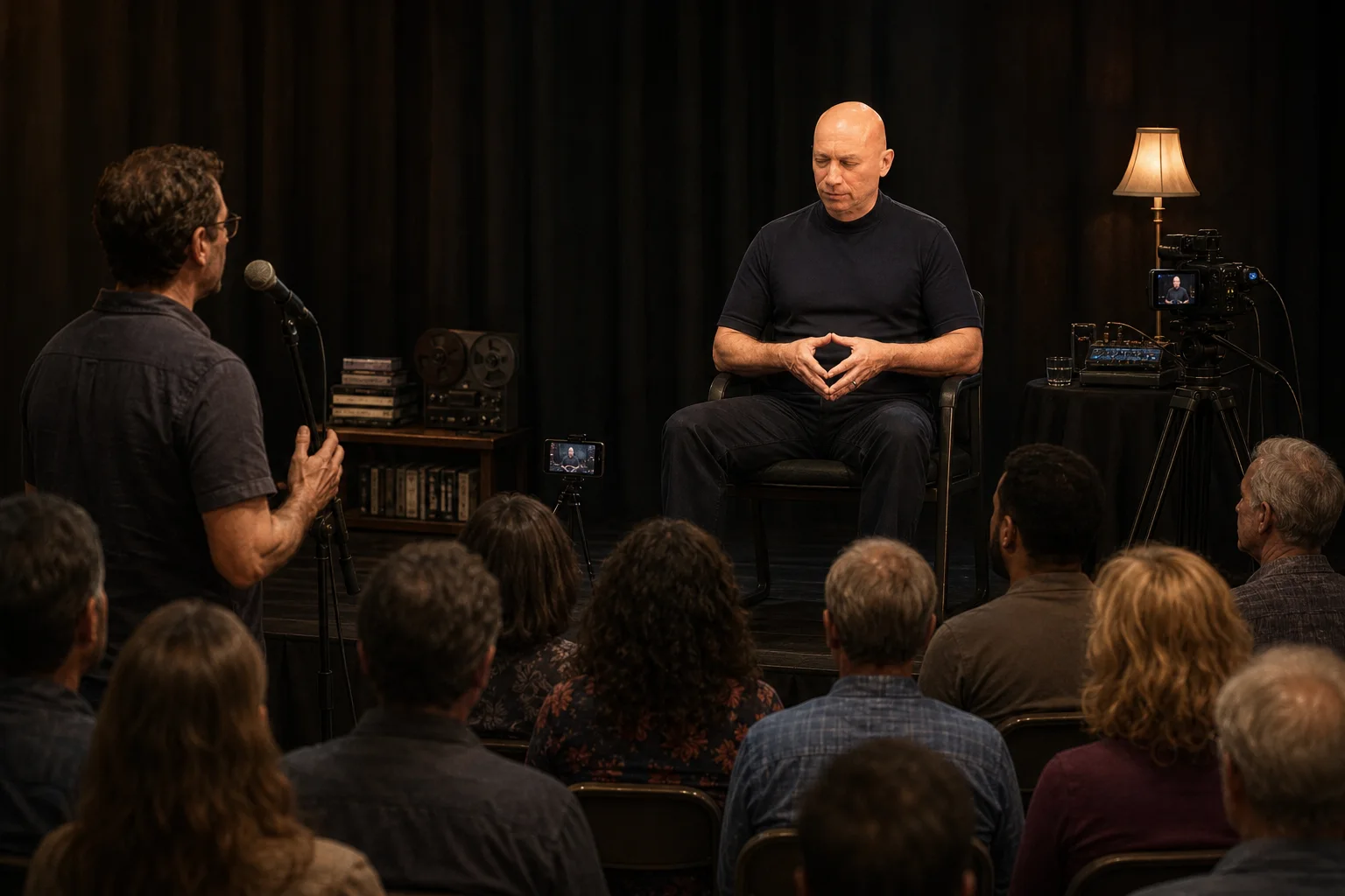 Editorial illustration of Darryl Anka seated onstage while an audience member asks a question